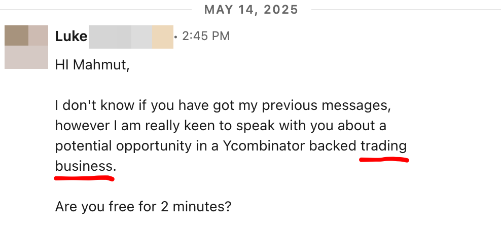 Follow-up LinkedIn message mentioning YC-backed exchange startup