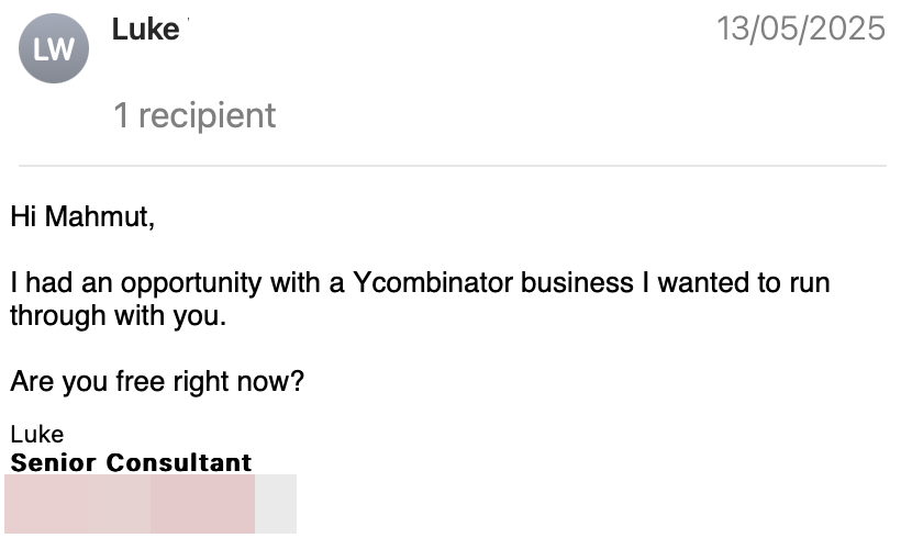 LinkedIn message from recruiter Luke